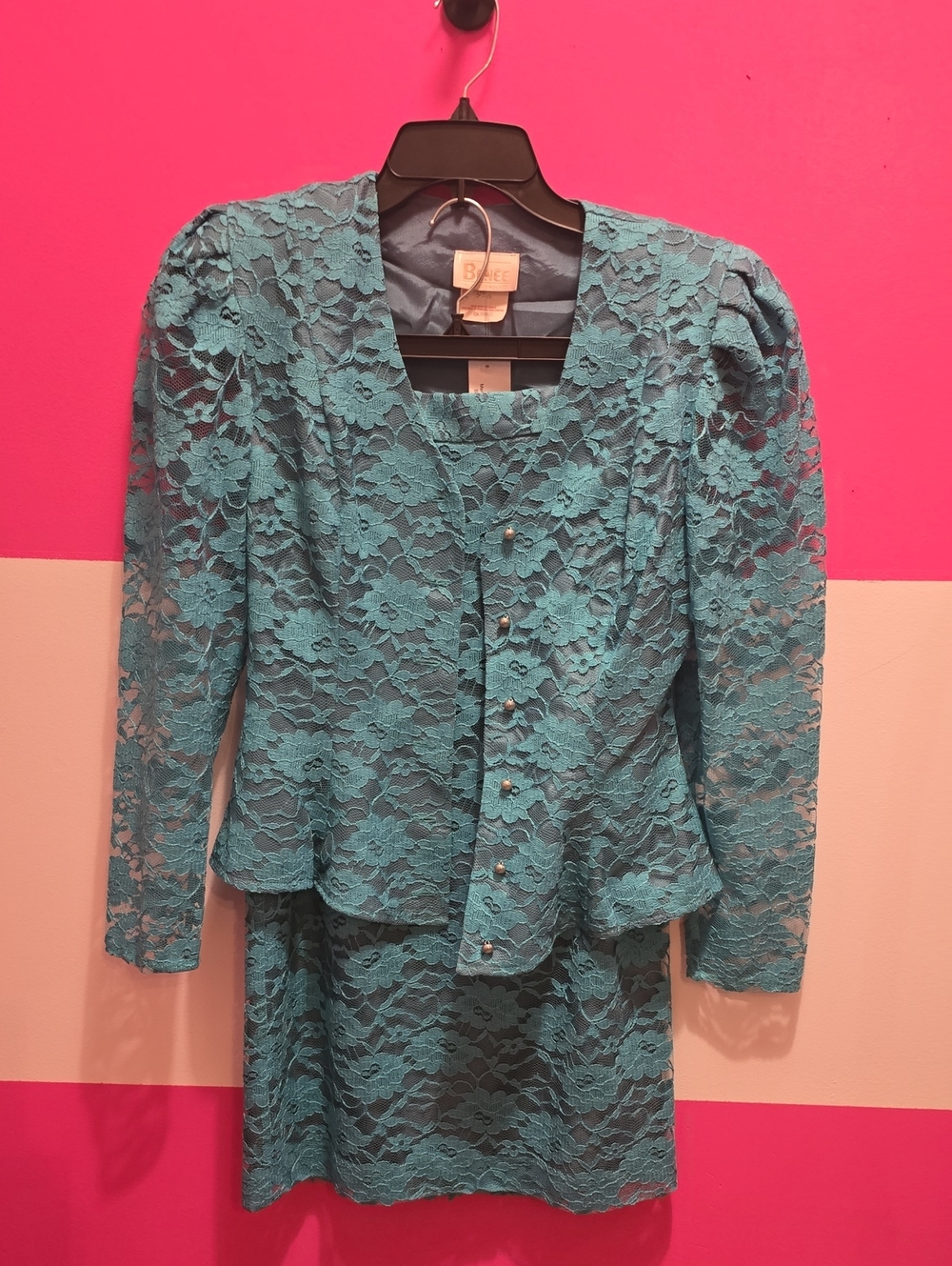 Vintage Teal Lace Two-Piece Jacket & Skirt Set